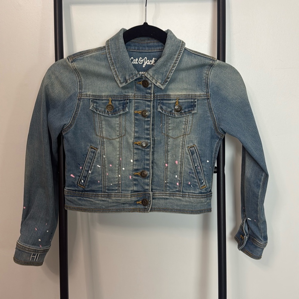 Girls Denim jacket Cat Jack Blue Snaps With Design Dots Embroidered Size 6-6X